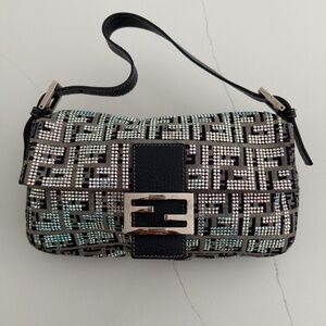 FENDI Zucchino Crystal Baguette Shoulder Bag Gray Navy Silver Designer